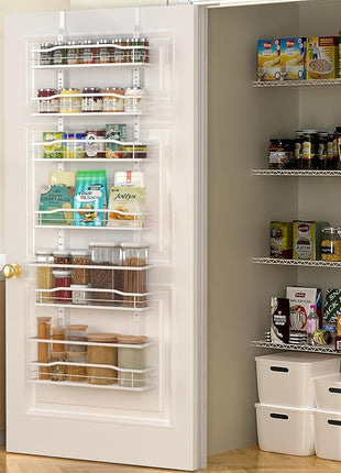 Moforoco White 6-Tier Over Door Pantry Organizer, Pantry Organization Storage, Door Metal Hanging Spice Rack Basket Shelves, Home Kitchen Apartment Essentials, Laundry Room Bathroom Organization