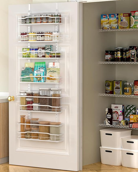 Moforoco White 6-Tier Over Door Pantry Organizer, Pantry Organization Storage, Door Metal Hanging Spice Rack Basket Shelves, Home Kitchen Apartment Essentials, Laundry Room Bathroom Organization