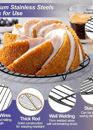 P&P CHEF Round Cooling Rack Set, Round Wire Racks for Cooking Baking, Fit Air Fryer & Oven, Stainless Steel Core with Nonstick Coatings, Black, 2 PCS - 7.5 Inch