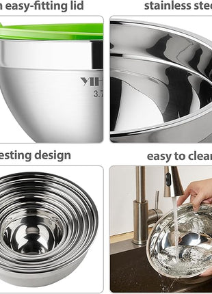 YIHONG 7 Piece Metal Mixing Bowls with Lids for Kitchen, Stainless Steel Set Ideal for Baking, Prepping, Cooking and Serving Food, Nesting Design for Space Saving Storage