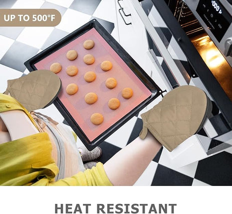 1 Pair Short Oven Mitts - Silicone Kitchen Oven Gloves High Heat Resistant 500℉, Mini Oven Mits with Non-Slip Grip Surfaces and Hanging Loop for BBQ, Baking, Cooking and Grilling (Coffee)