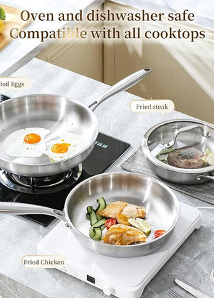 DELARLO Tri-ply Stainless Steel Frying Pan Set with Lid 10" 12" Induction large Skillets Chef's Pan,Pots and Pans Set Kitchen Cookware Set Suitable for All Stove
