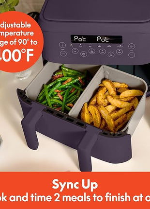 bella 4 Qt TriZone Air Fryer, EverGood™ Ceramic Nonstick Coating, Dual Basket Design w Removable Divider, Digital Touchscreen Control w 6 Preset Cooking Options, 1200 Watt, 3lb Capacity, Plum