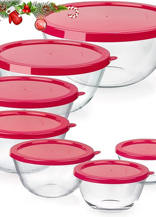 7 Stackable Space-Saving Nesting Glass Bowls with Pink Lids for Foodprep, Storage, Baking, Mixing & Cooking, Microwave Safe - Durable Inert Borosilicate Glass