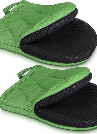 1 Pair Short Oven Mitts - Silicone Kitchen Oven Gloves High Heat Resistant 500℉, Mini Oven Mits with Non-Slip Grip Surfaces and Hanging Loop for BBQ, Baking, Cooking and Grilling (Green)