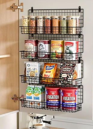 X-cosrack Upgraded Spice Rack Organizer - Wall Mounted Large 4-Tier Stackable Spice Storage with 5 Hooks, Holds 80 Jars, for Kitchen Pantry Organization (Patent:D909138S)