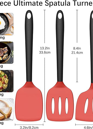 Coukre 3 Pack Silicone Spatula Set, High Heat Resistant, BPA-Free, Fish Spatula, Solid & Slotted Turner for Non-Stick Pans, Flipping Eggs, Pancakes, Fish, Burgers (3, RedBlack)