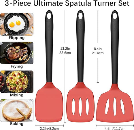 Coukre 3 Pack Silicone Spatula Set, High Heat Resistant, BPA-Free, Fish Spatula, Solid & Slotted Turner for Non-Stick Pans, Flipping Eggs, Pancakes, Fish, Burgers (3, RedBlack)