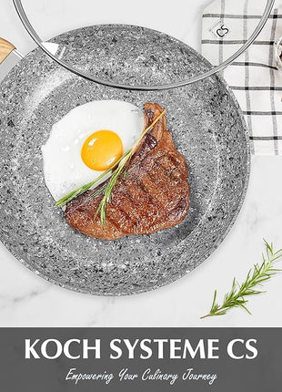KOCH SYSTEME CS Nonstick Frying Pan with Lid, 12 Inch Grey Granite Frying Pan with Non-toxic Nonstick Coating, Aluminum Skillet with Heat-resistant Bakelite Handle, Induction Compatible, Oven Safe