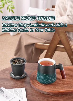 ZENS Tea Cup with Infuser and Lid for Loose Leaf Steeping, 16.9oz Embossed Ceramic Tea Infuser Mug, Wood Handle Tea Diffuser, Great Gift