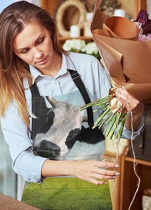 Britimes Apron Home Kitchen Waterproof Cooking Baking Gardening for Women Men With Pockets Funny Cow On Green Grassland 32x28 inch