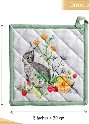 Maison d' Hermine Pot Holders Set 100% Cotton Heat Resistant Potholders 8" x 8" Hot Pads with Loop BBQ, Cooking, Baking, Grilling, Kitchen, Handling Hot Pans Spring/Summer (Pack of 2, Printemps)