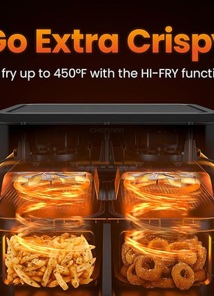 CHEFMAN 6 Quart Dual Basket Air Fryer Oven with Easy View Windows, Sync Finish, Hi-Fry, Auto Shutoff, 2 Independent 3Qt Nonstick Dishwasher Safe Frying Baskets, Digital Double Air Fryer - Black