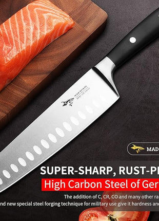 MAD SHARK Kitchen Knife, Chef's Santoku Knife 8-inch, German High Carbon Stainless Steel Chef Knife, Super Sharp Multipurpose Chopping Knife for Meat Vegetable Fruit with Ergonomic Handle & Gift Box