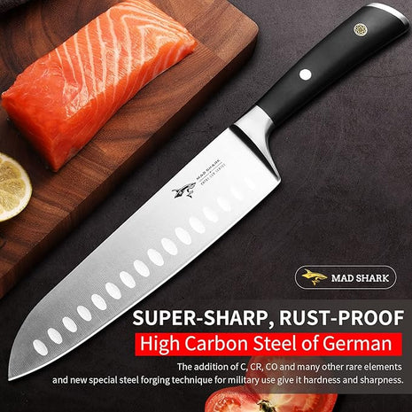 MAD SHARK Kitchen Knife, Chef's Santoku Knife 8-inch, German High Carbon Stainless Steel Chef Knife, Super Sharp Multipurpose Chopping Knife for Meat Vegetable Fruit with Ergonomic Handle & Gift Box