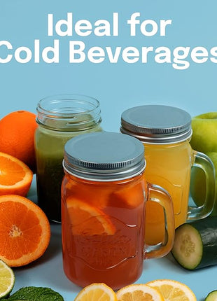 Estilo Mason Jar, 16 oz, Set of 6, Glass Drinking Cups with Handles, Tin Lids, Overnight Oats Jars, Smoothie Cups