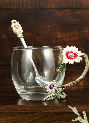 Handicraft Crystal Glass 3D Flower Cups Tea Mug With Tea Spoon Women Coffee, Tea, Juice, Beer, Milk Hot And Cold Drinks Use Gift Package. (Chrysanthemum, 11 OZ)