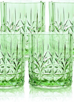 BELLAFORTE Shatterproof Tritan Plastic Short Tumbler, Set of 4, 13oz - Myrtle Beach Unbreakable Crystal Cut Old Fashioned Drinking Glasses for Whiskey - BPA Free - Dishwasher Safe - Green