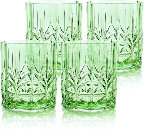 BELLAFORTE Shatterproof Tritan Plastic Short Tumbler, Set of 4, 13oz - Myrtle Beach Unbreakable Crystal Cut Old Fashioned Drinking Glasses for Whiskey - BPA Free - Dishwasher Safe - Green