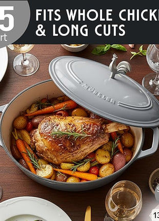 MUELLER HOME 5.5 Quart Enameled Cast Iron Oval Dutch Oven with Rooster Knob & Cotton Potholders, Heavy-Duty Cookware, Oven-Safe up to 500° F & Across All Cooktops, Gifts for Grandma & Women, Gray
