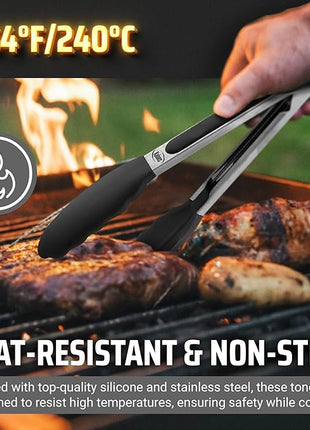 Kaluns Kitchen Tongs for Cooking Grilling Set of 4, BBQ Grill Tongs With Silicone Tip Stainless Steel Heat Resistant, Non-stick Pull Lock, Incl 7, 9, 12 Inch Tong Plus a Silicone Spatula