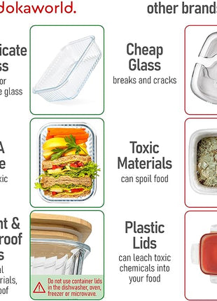 Ribbed Glass Tupperware Set with Bamboo Lids - 4 Stackable Meal Prep Containers. Durable heat resistant Inert Borosilicate Glass