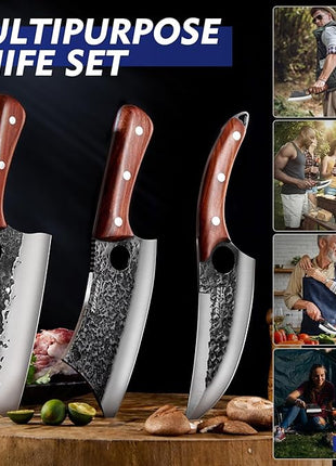 3PCS Butcher Knife Set, Hand Forged Serbian Chef Knives & Meat Cleaver & Viking Knives, Meat Cutting Kitchen Knife Set for Home, Outdoor Cooking, Camping BBQ Gift Idea Men