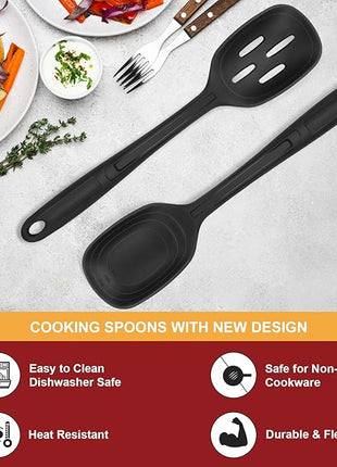 2 Pack Large Silicone Cooking Spoon with Measuring Mark, Premium Non-Stick Solid and Slotted Serving Spoons Set, Heat Resistant Kitchen Utensils for Mixing, Stirring, Scooping, Scraping