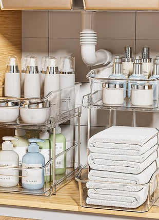 Delamu 2-Tier Under Sink Organizers and Storage, Multi-Purpose Stackable Bathroom Cabinet organizers, Pull Out Kitchen Pantry Organization and Storage with Dividers(2 Pack, Clear)