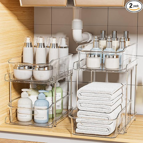 Delamu 2-Tier Under Sink Organizers and Storage, Multi-Purpose Stackable Bathroom Cabinet organizers, Pull Out Kitchen Pantry Organization and Storage with Dividers(2 Pack, Clear)