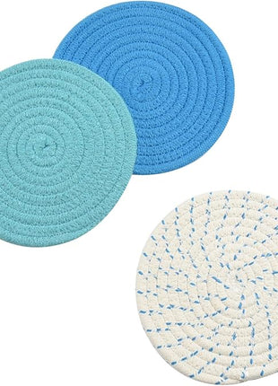 Kitchen Pot Holders Set Trivets Set 100% Pure Cotton Thread Weave Hot Pot Holders Set (Set of 3) Stylish Coasters, Hot Pads, Hot Mats, Spoon Rest for Cooking and Baking by Diameter 7 Inches (Blue)