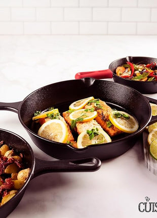 Cuisinel Cast Iron Skillets Set - 12" + 10" + 8"-Inch Pre-Seasoned Frying Pans + Silicone Handle Grip Covers - Use Indoor/Outdoor, Oven, Grill, Stove, BBQ, Camp Fire, Induction Kitchen Cookware
