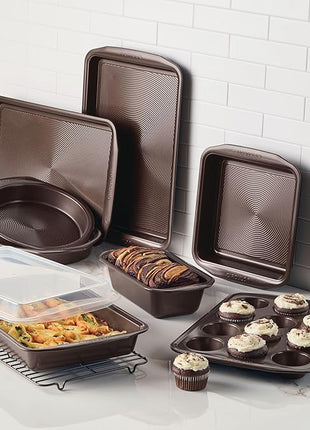 Circulon Nonstick Bakeware Set with Nonstick Bread Pan, Baking Pans, Baking Sheets, Cookie Sheets, Cake Pan and Muffin Pan / Cupcake Pan - 10 Piece, Chocolate Brown