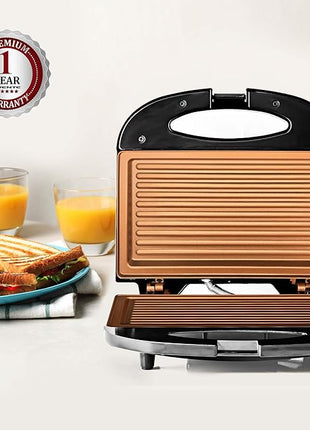 OVENTE Electric Panini Press Grill with Nonstick Plates, LED Indicator Lights, Thermostat Control, Compact Sandwich Maker Perfect for Cooking Breakfast, Steaks, Eggs Snacks & More, Copper GP0110CO