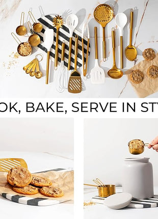 Gold Kitchen Utensils Set - 19-Piece Set Includes Stainless Steel Gold Utensils, White Silicone Tools, and Measuring Cups and Spoons - Luxury Kitchen Accessories for Modern Cooking, Serving, & Gifting