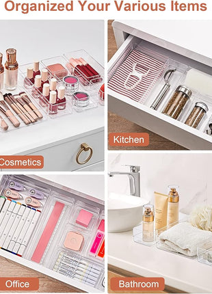 SMARTAKE 29-Piece Drawer Organizer with Non-Slip Silicone Pads, 4-Size Desk Drawer Organizer Trays Storage Tray for Makeup, Jewelries, Utensils in Bedroom Dresser, Office and Kitchen (Clear)