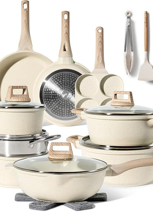 JUST PERFECTO Induction Pots Set - Pan Set with Lid - Induction Pots Set - Pots & Pans Set without PTFE and PFOA - Cookware Pot Set Induction 21 Pcs (Beige)