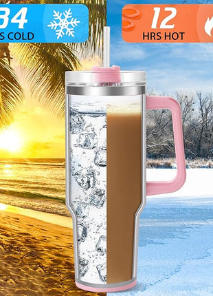 40 oz Tumbler with Handle and Straw, Pink Insulated Travel Mug Iced Coffee Cup, Reusable Stainless Steel Insulated Water Bottle, Keeps Drinks Cold for 34 Hours, Women Christmas Gifts for Mom Grandma