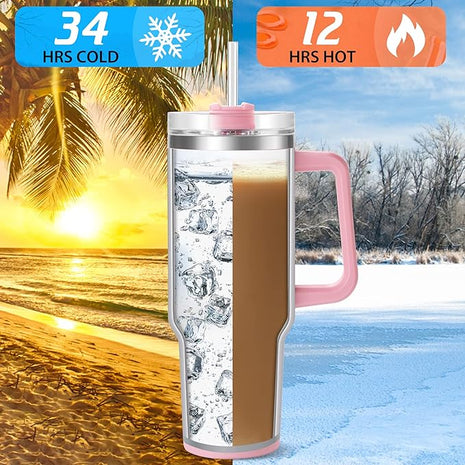 40 oz Tumbler with Handle and Straw, Pink Insulated Travel Mug Iced Coffee Cup, Reusable Stainless Steel Insulated Water Bottle, Keeps Drinks Cold for 34 Hours, Women Christmas Gifts for Mom Grandma