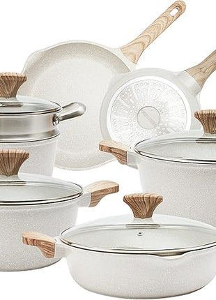 Country Kitchen Non-Stick Cast Aluminum Cookware Set - Durable Kitchen Cookware for Everyday Cooking, Cream, 11 Pc.