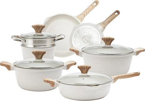 Country Kitchen Non-Stick Cast Aluminum Cookware Set - Durable Kitchen Cookware for Everyday Cooking, Cream, 11 Pc.