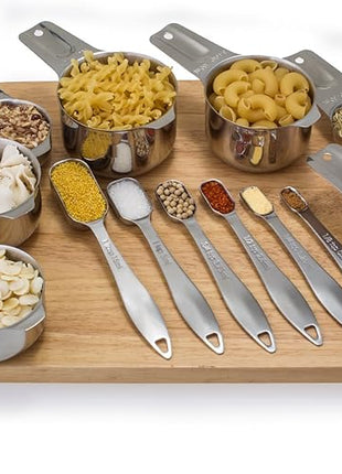 13-piece Measuring Cups and Spoons Set, 18/8 Stainless Steel Heavy Duty Ergonomic Handle with Ring Connector, Silver