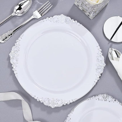Nervure 350PCS Silver Plastic Plates - Silver Plastic Dinnerware Sets for 50 Guests - 100 Disposable Plates, 150 Silverware, 50 Cups, 50 Napkins for Wedding & Party