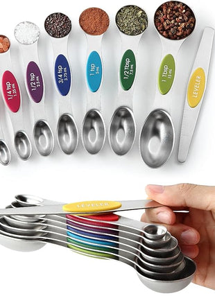 Spring Chef Multicolor Stainless Steel Magnetic Measuring Spoons Set of 8 with Leveler, Nesting Metal Teaspoon & Tablespoon Measuring Spoons, Kitchen Gadgets for Baking & Cooking - 2 Pack