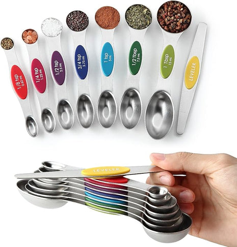 Spring Chef Multicolor Stainless Steel Magnetic Measuring Spoons Set of 8 with Leveler, Nesting Metal Teaspoon & Tablespoon Measuring Spoons, Kitchen Gadgets for Baking & Cooking - 2 Pack