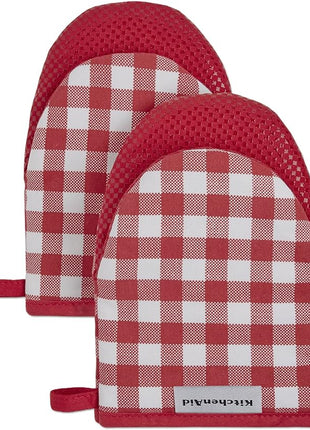 KitchenAid Gingham Cotton Mini Oven Mitt 2-Pack Set, Passion Red, 5.5"x8"