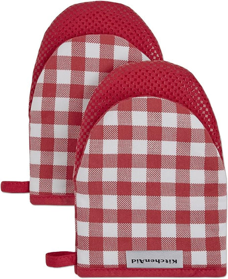 KitchenAid Gingham Cotton Mini Oven Mitt 2-Pack Set, Passion Red, 5.5"x8"