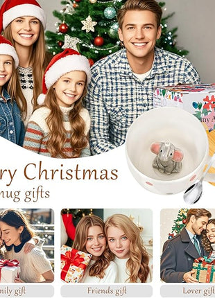 White Elephant Gifts for Adults Cute Elephant Mug with 3D elephant Inside Kawaii Ceramic Coffee Mug Tea Cup with Lid Spoon Friendship Birthday Christmas Gifts for Women Men Sisters Friend Coworkers