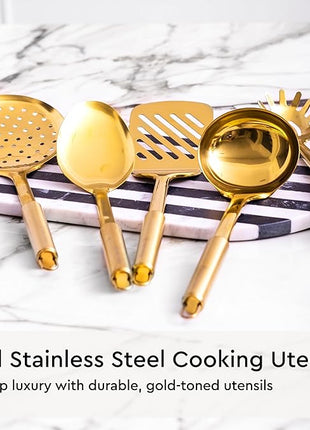 Black and Gold Kitchen Utensils Set - 19-PC Set Includes Stainless Steel and Silicone Cooking Utensils, Measuring Cups and Spoons - Black and Gold Kitchen Accessories for Stylish Cooking & Serving