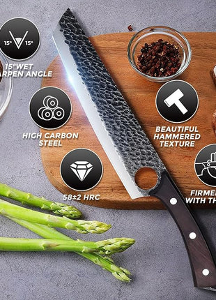 Purple Dragon Butcher Knife Meat Cleaver 7.5 Inch Hand forged Chef Knife Japan High Carbon Steel Knife for Meat Vegetable Full Tang Long Handle Sharp Carving Knife